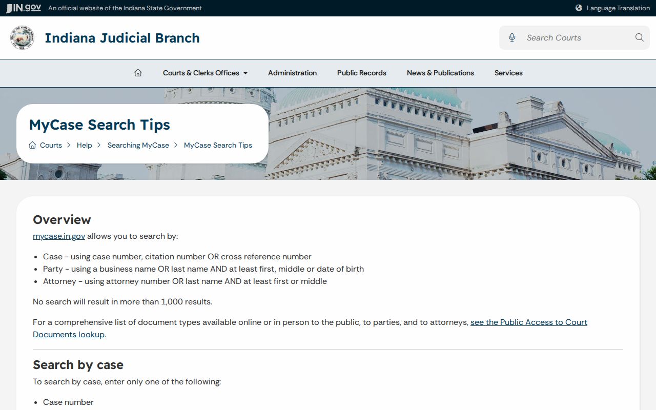 Switzerland County warrant check fields on MyCase search tips
