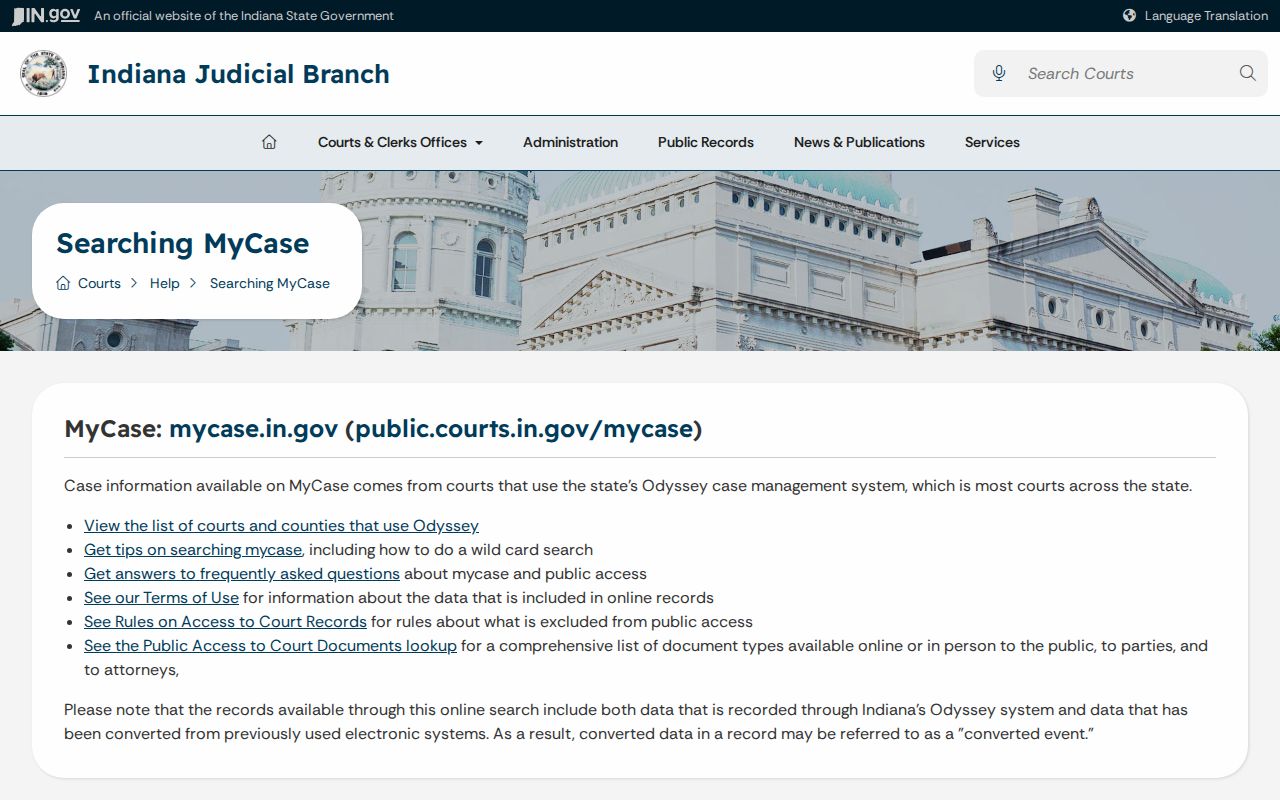 Switzerland County warrant search guidance on the MyCase help page